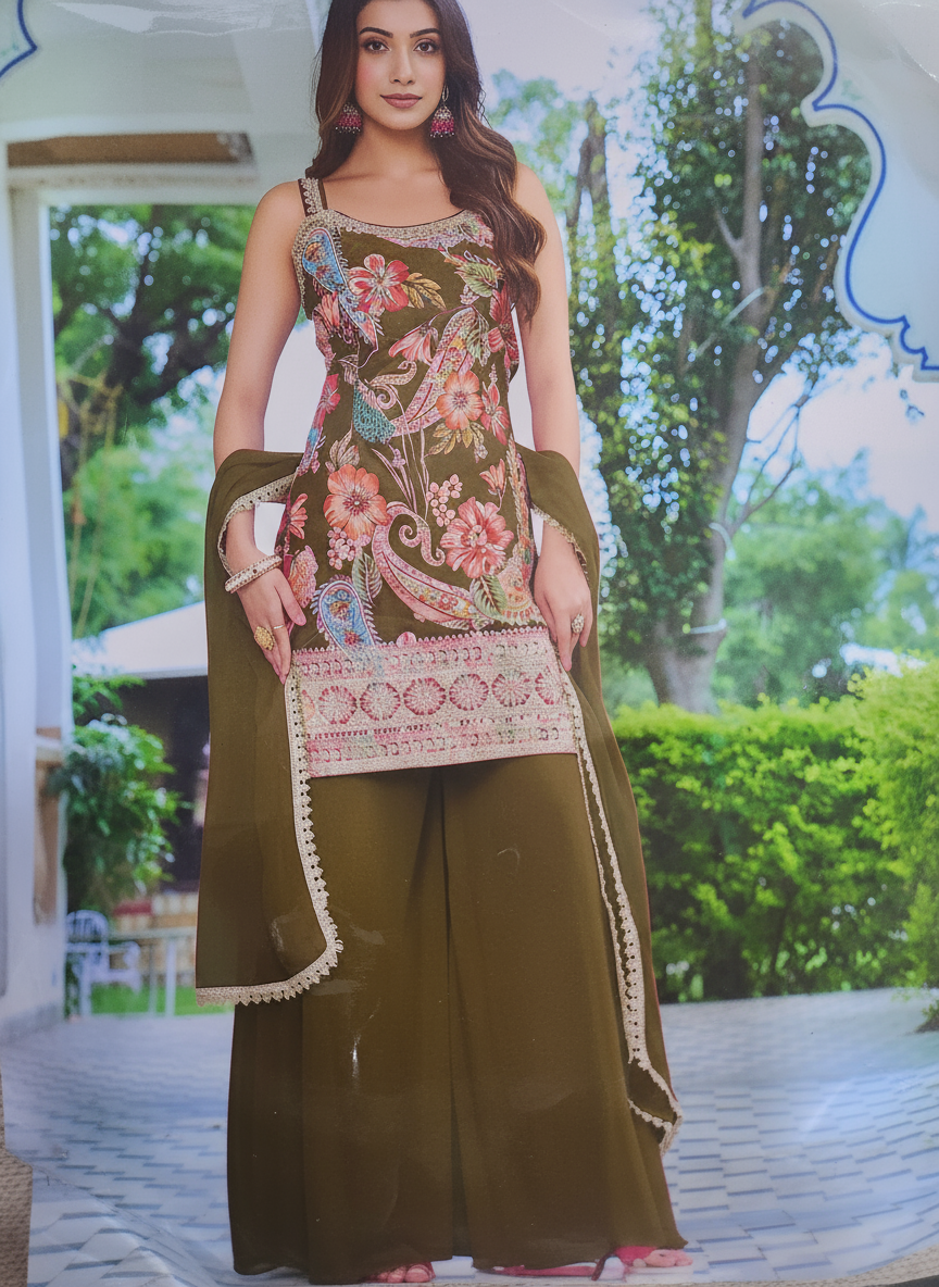 Olive Green Floral Embroidered Georgette Sharara Suit with Dupatta