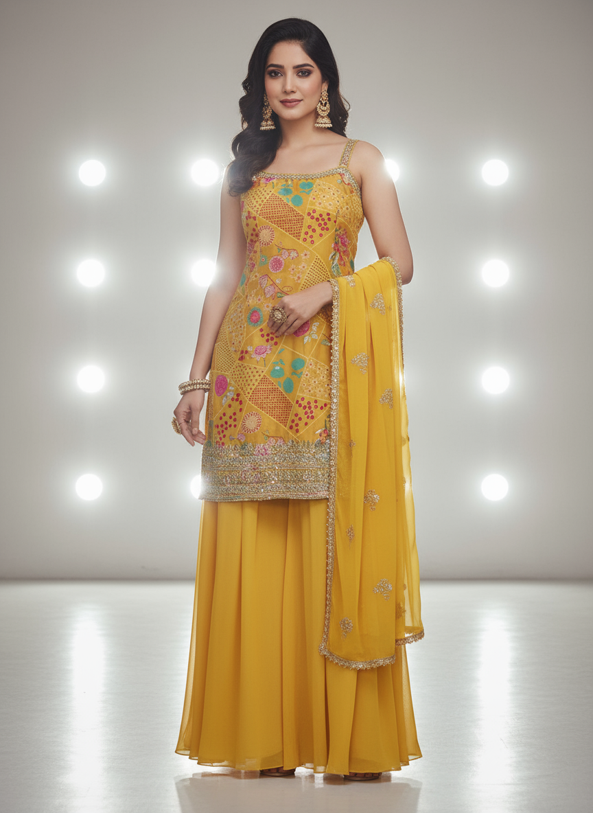 Sunshine Yellow Embroidered Georgette Sharara Suit with Dupatta for Women | Festive & Wedding Wear