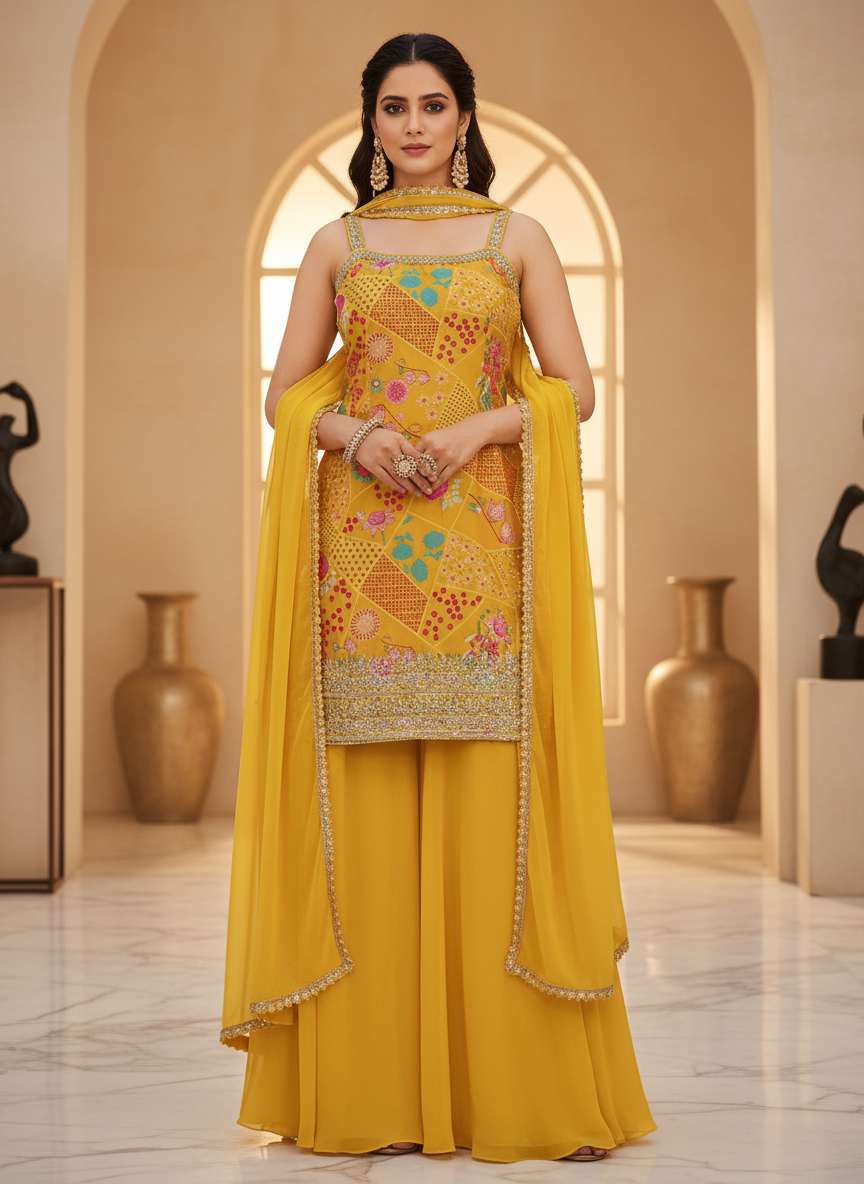 Sunshine Yellow Embroidered Georgette Sharara Suit with Dupatta for Women | Festive & Wedding Wear