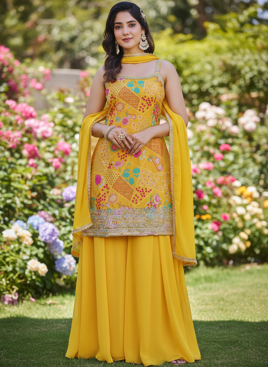 Sunshine Yellow Embroidered Georgette Sharara Suit with Dupatta for Women | Festive & Wedding Wear