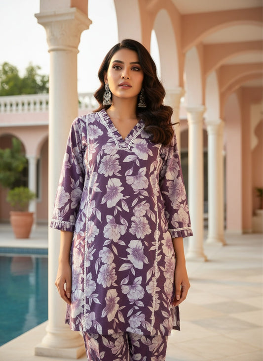 Women’s Purple Floral Cotton Co-ord Set – Kurti & Pant