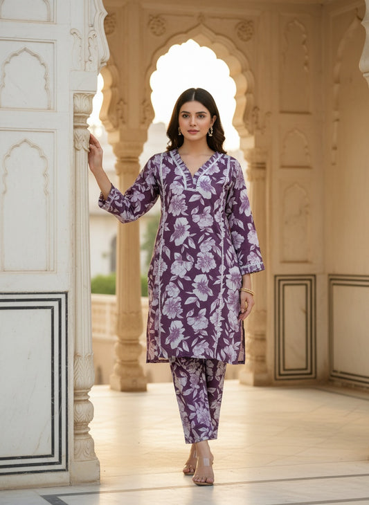 Women’s Purple Floral Cotton Co-ord Set – Kurti & Pant