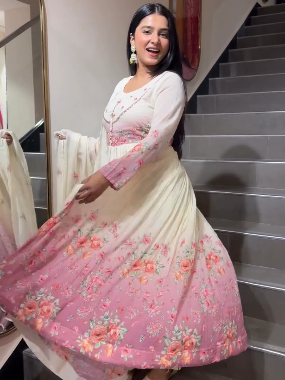 Ivory Pink Floral Anarkali Suit Set with Dupatta for Women