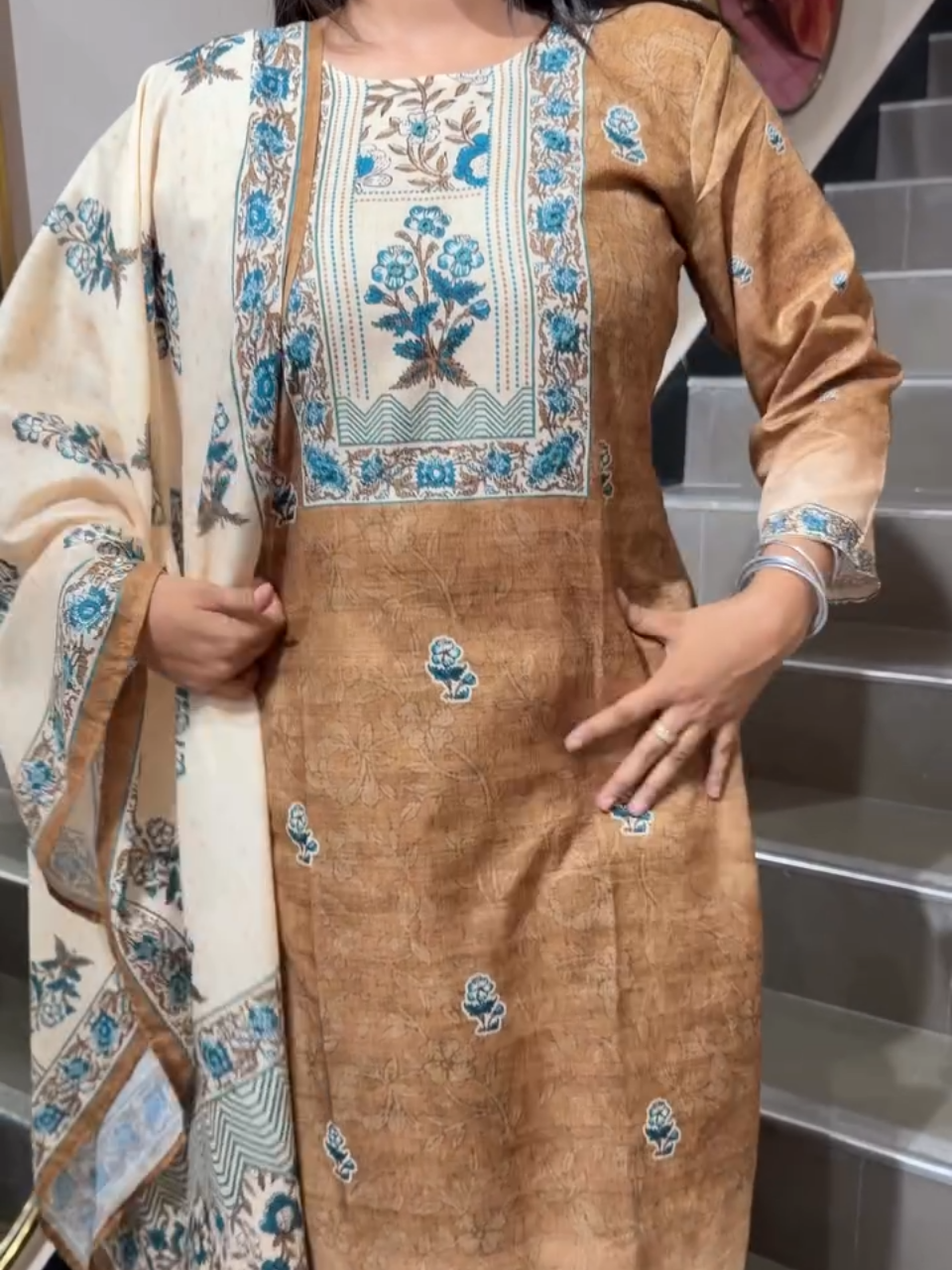 Elegant Brown Floral Printed Cotton Kurta Set with Dupatta for Women