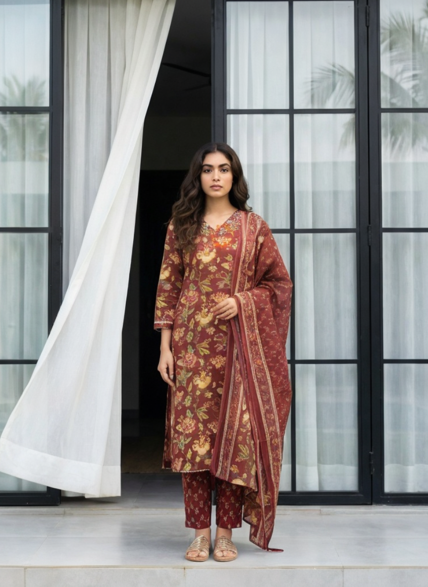 Onion Color Floral Printed Straight Kurta Pant Set with Dupatta for Women