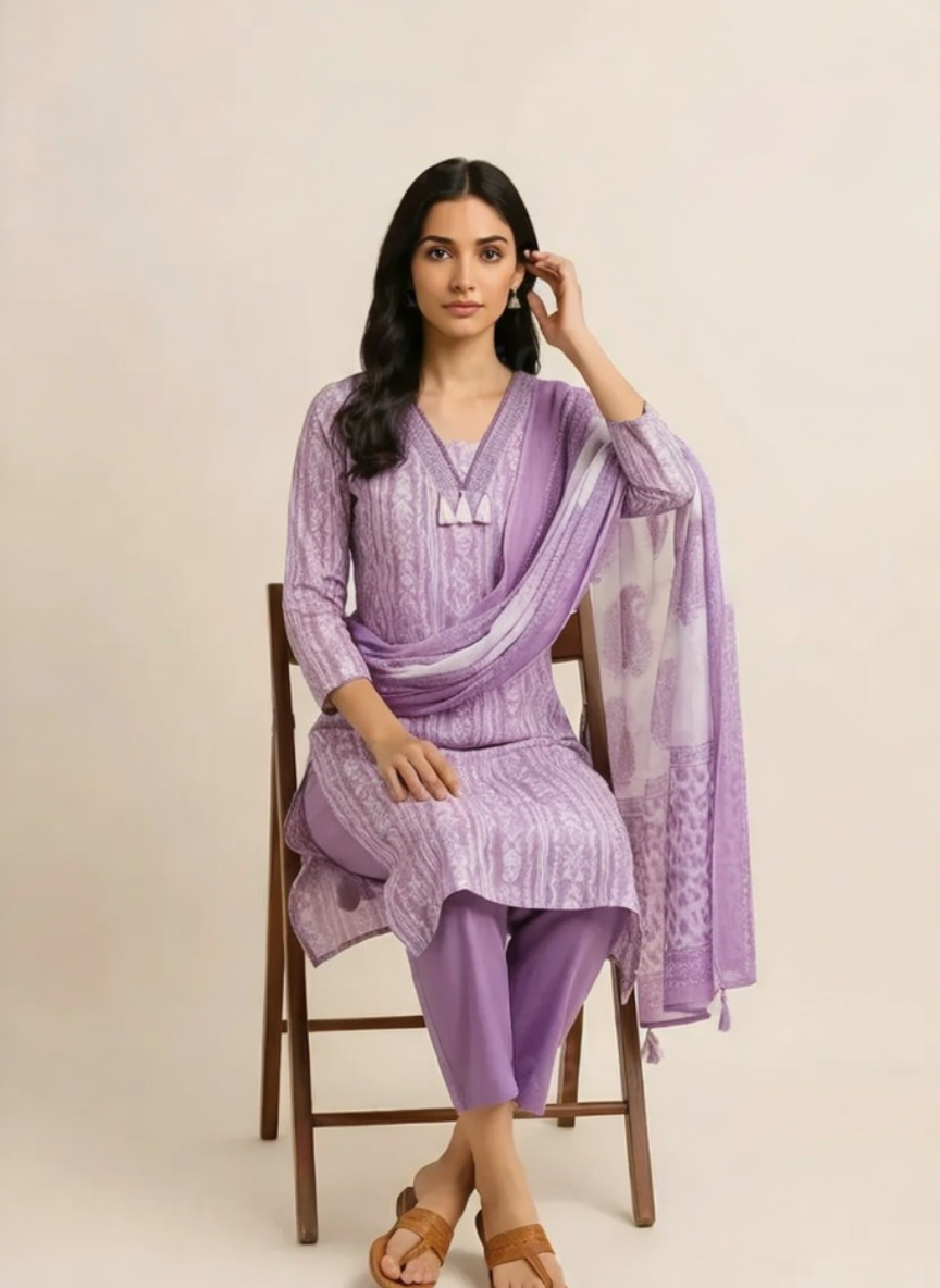 Lavender Printed Kurta Set with Dupatta for Women | Elegant Ethnic Kurti Pant Set | Festive & Office Wear