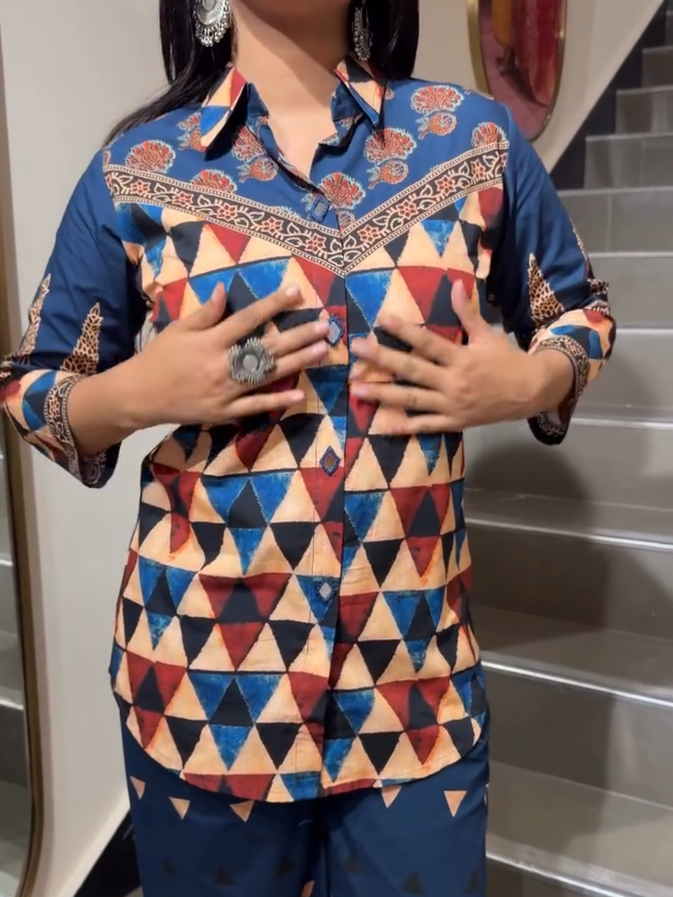Navy Blue Geometric Printed Co-Ord Set for Women
