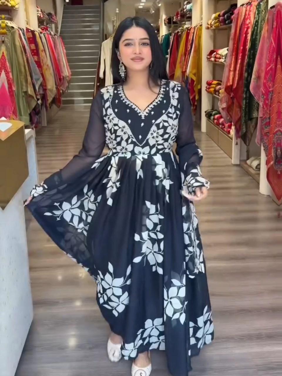 Black Floral Printed Anarkali Gown for Women | Elegant Flowy Party Wear Ethnic Dress
