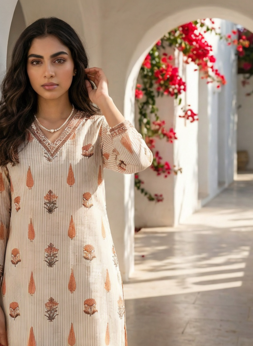 Peach Cotton Printed Kurta Set with Dupatta for Women | Summer Festive Wear
