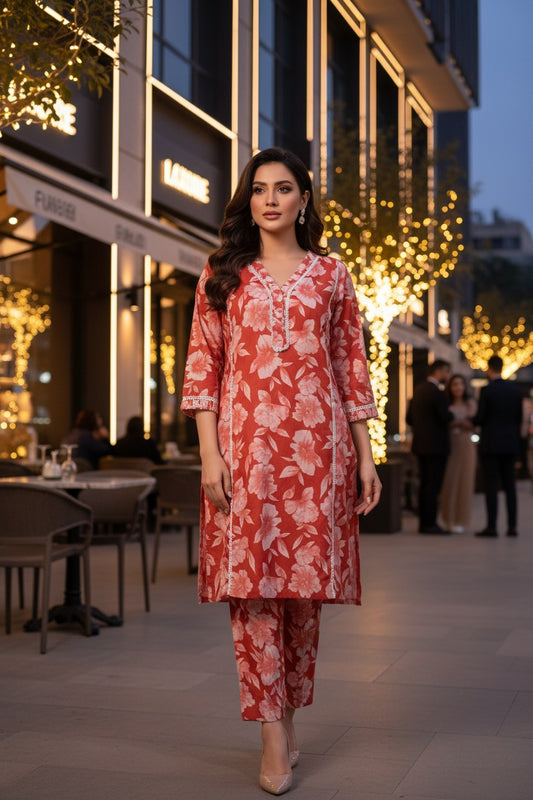 Women’s Red Floral Cotton Co-ord Set – Kurti & Pant