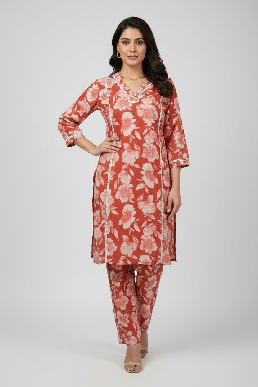 Women’s Red Floral Cotton Co-ord Set – Kurti & Pant