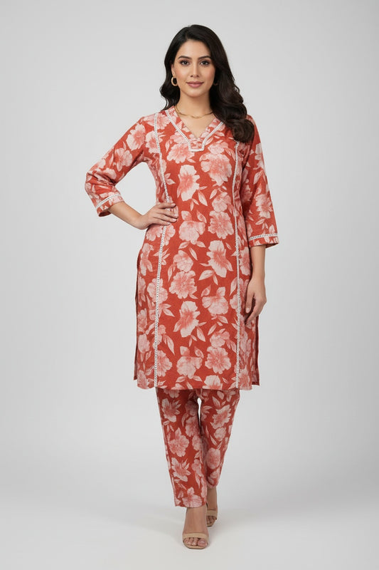 Women’s Red Floral Cotton Co-ord Set – Kurti & Pant