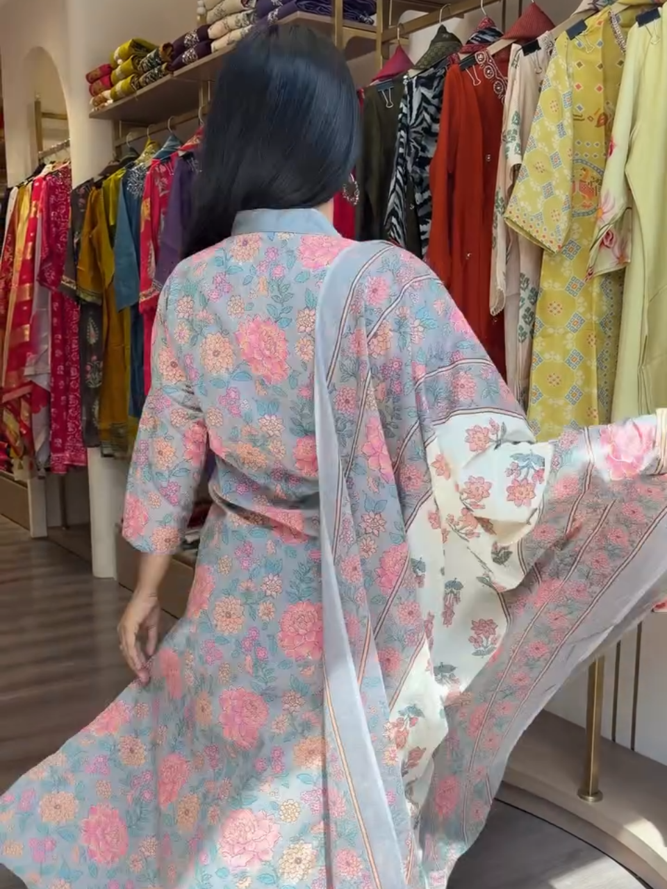 Pastel Grey Floral Printed Cotton Kurta Set with Dupatta for Women