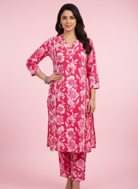 Women’s Pink Floral Cotton Co-ord Set – Kurti & Pant