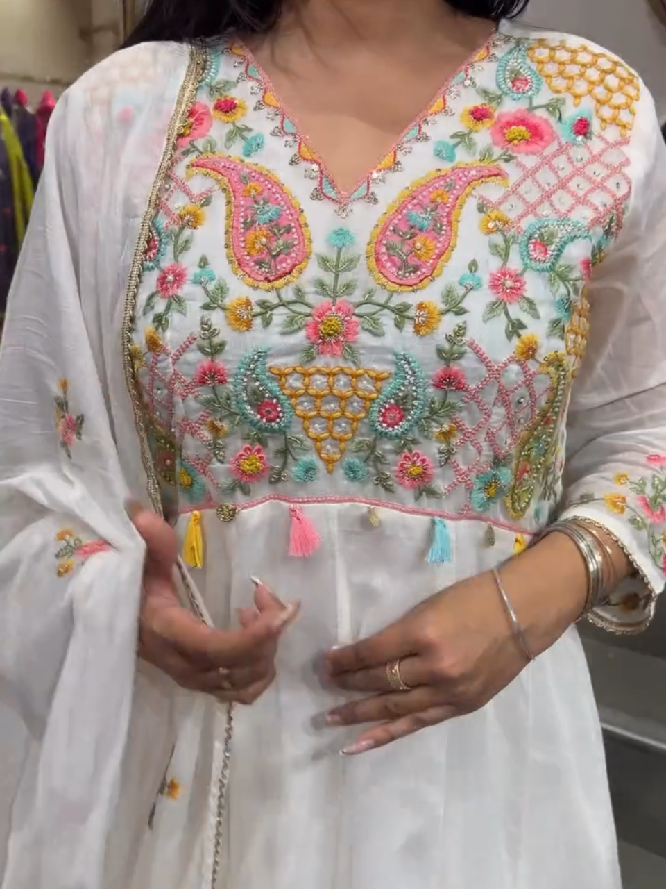 Women's White Embroidered Anarkali Suit Set with Dupatta | Floral Ethnic Party Wear