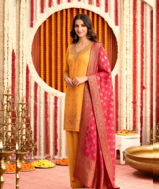 Mustard Yellow Embroidered Kurta Pant Set with Pink Dupatta for Women | Festive Ethnic Wear Suit