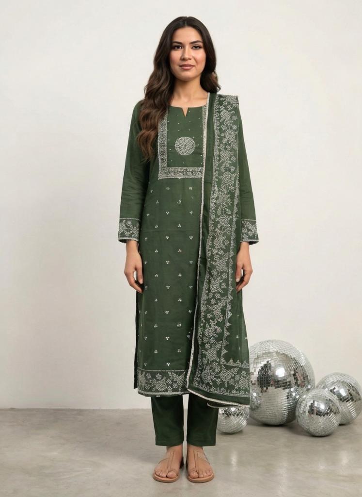 Women Dark Green Printed Cotton Kurta Pant Dupatta Set