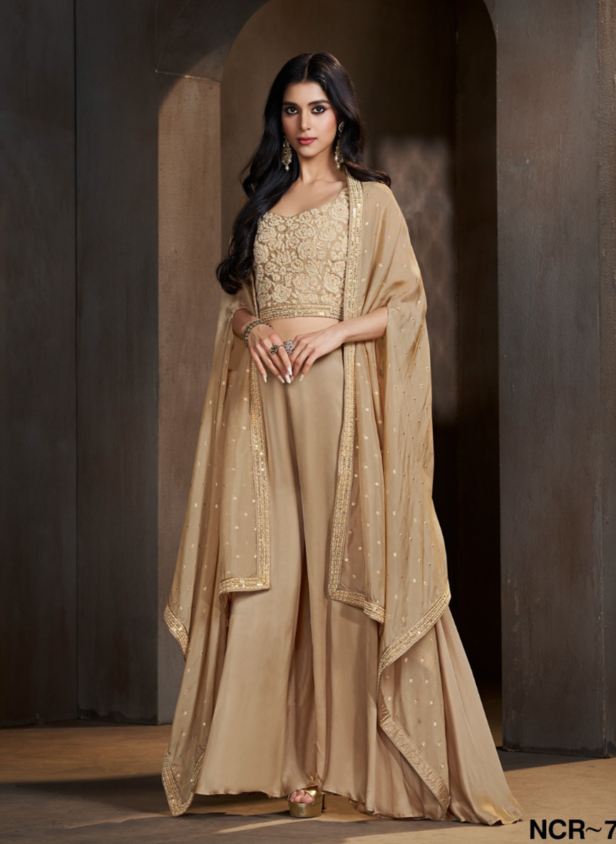 Elegant Beige Gold Embroidered Indo Western 3 Piece Set for Women