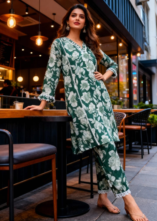 Women’s Green Floral Cotton Co-ord Set – Kurti & Pant