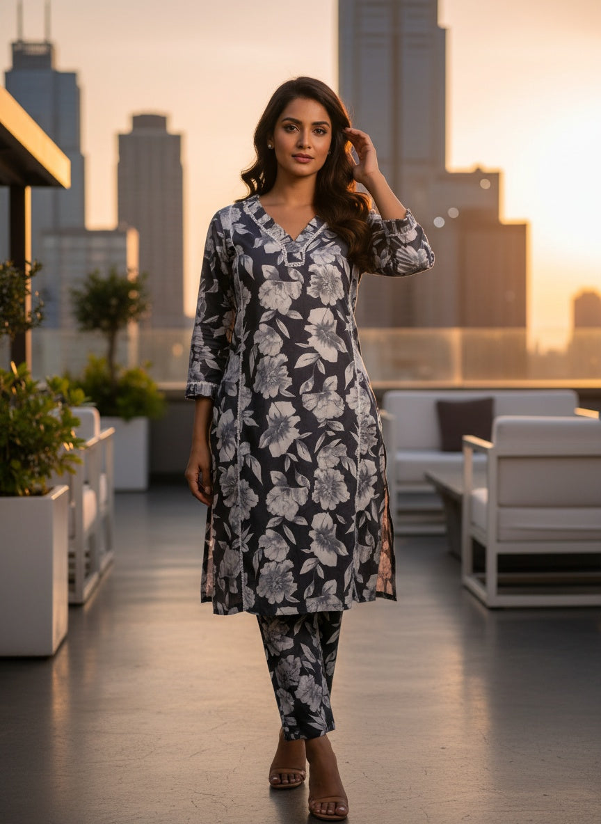 Women’s Grey Black & White Floral Cotton Co-ord Set – Kurti & Pant