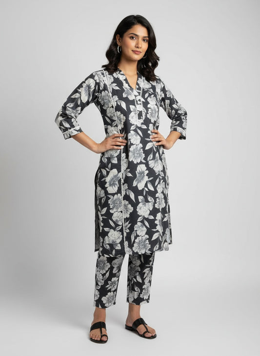 Women’s Grey Black & White Floral Cotton Co-ord Set – Kurti & Pant