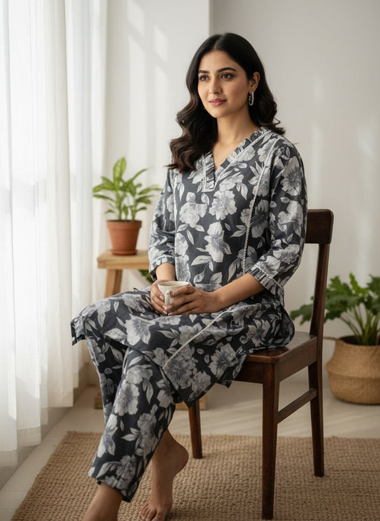 Women’s Grey Black & White Floral Cotton Co-ord Set – Kurti & Pant