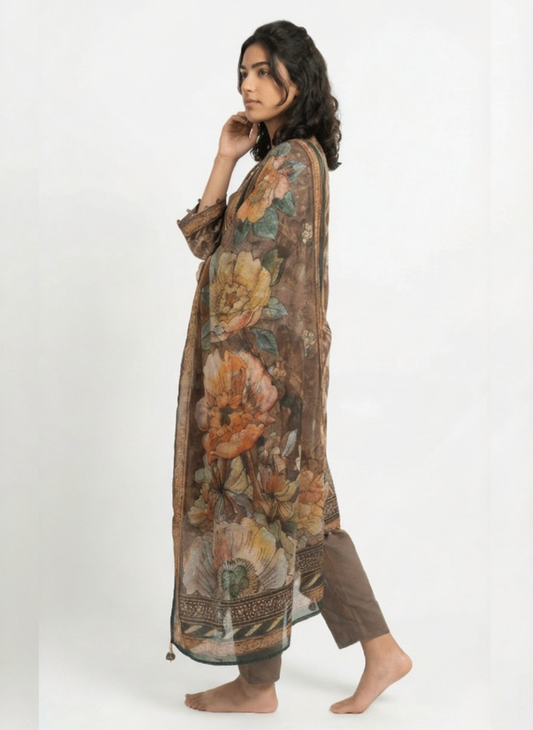 Brown Floral Printed Kurta Pant Set with Dupatta for Women | Elegant Ethnic Wear Suit