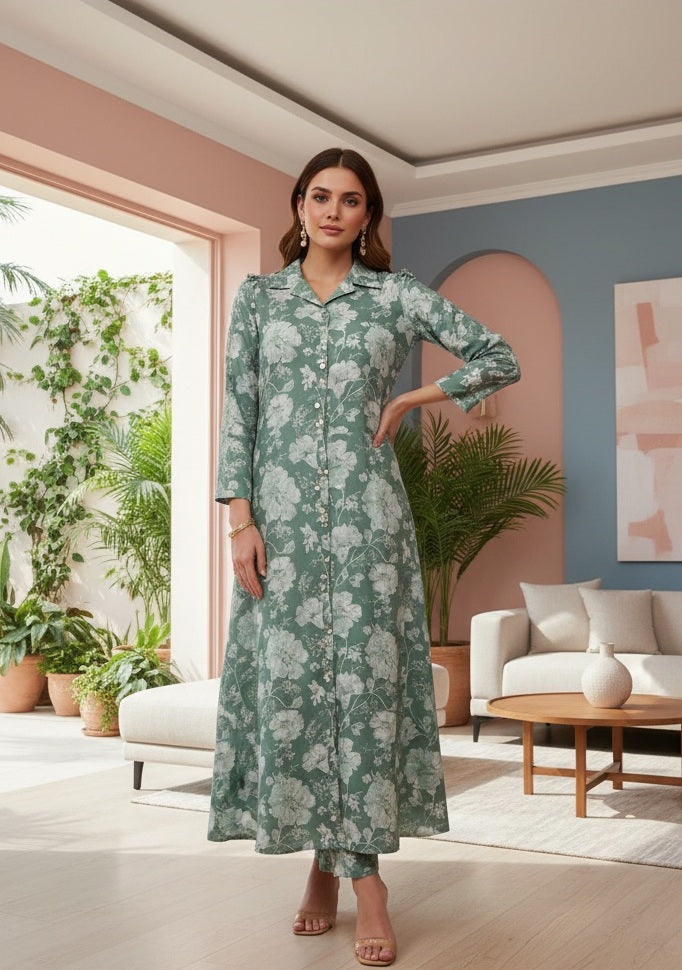 Women's Floral Printed Co-ord Set – Long Kurti with Matching Pants | Elegant Ethnic Wear