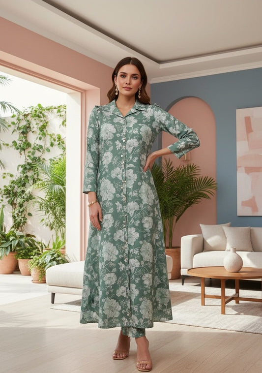 Women's Floral Printed Co-ord Set – Long Kurti with Matching Pants | Elegant Ethnic Wear
