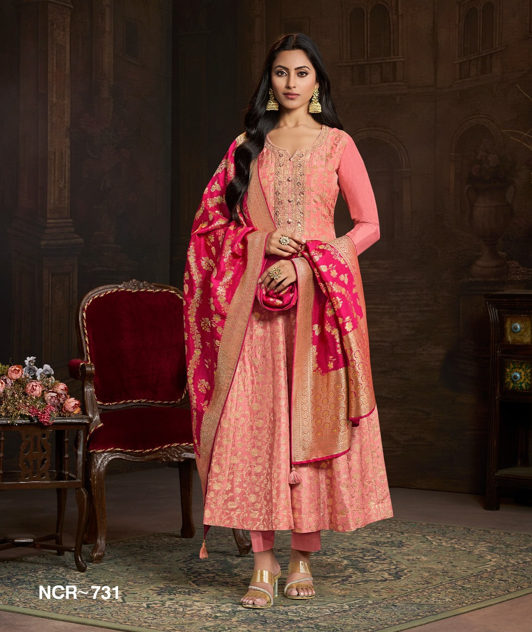 Peach Pink Embroidered Anarkali Suit Set with Magenta Jacquard Dupatta – Women Festive Wear