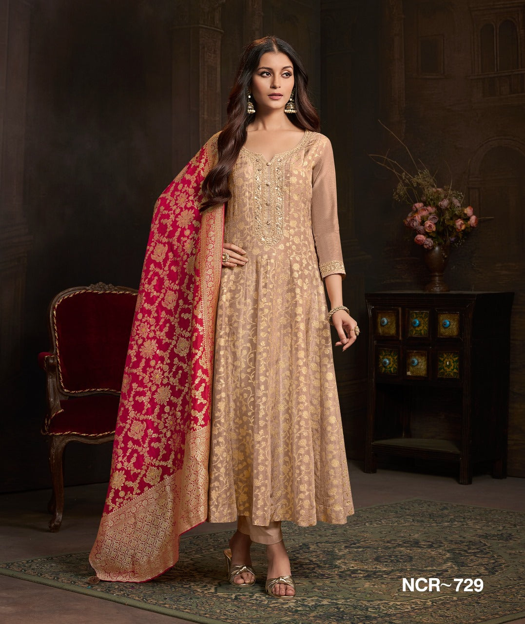 Beige Gold Embroidered Anarkali Suit Set with Red Jacquard Dupatta – Women Festive Wear