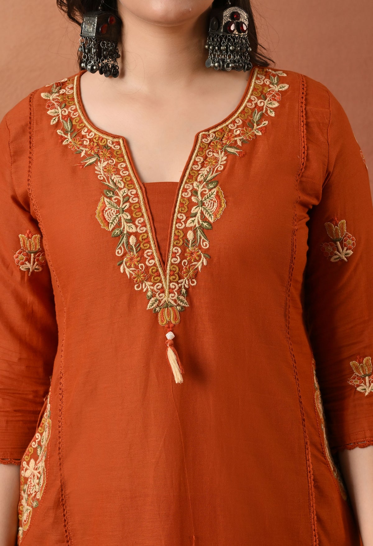 Rust Orange Silk Embroidered Straight Kurta Set with Dupatta
