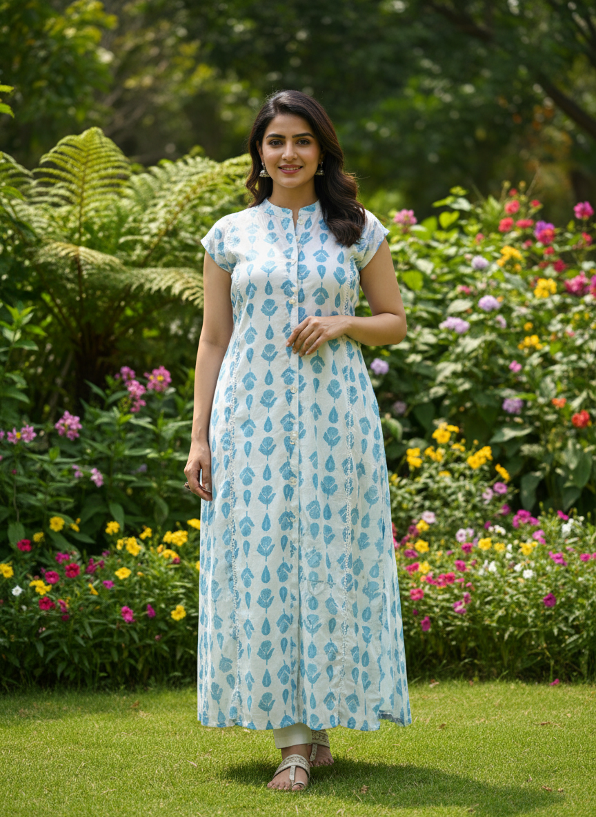 Front view of white cotton kurti with blue floral print on hanger