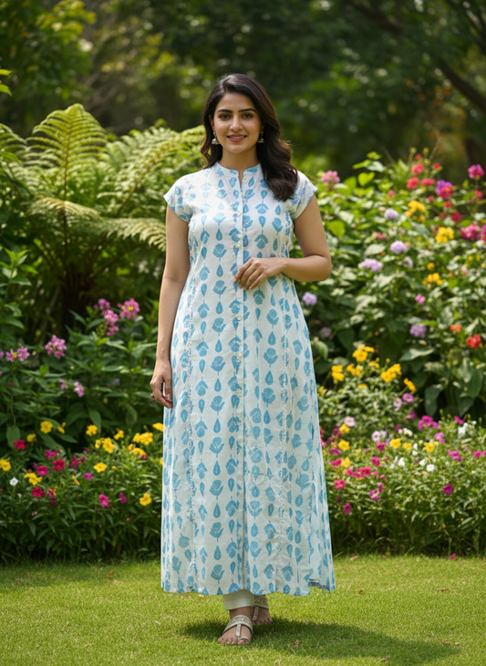 Front view of white cotton kurti with blue floral print on hanger