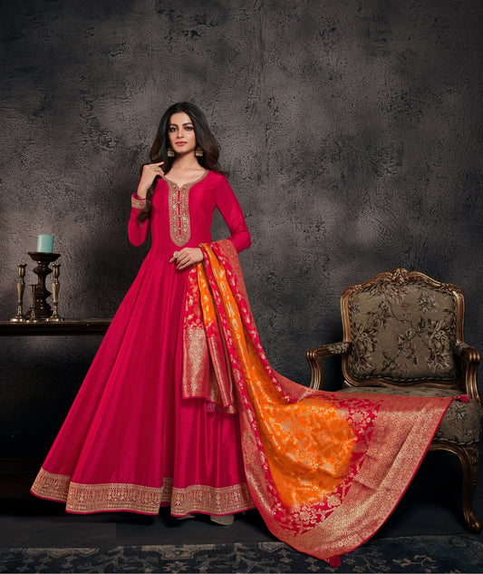 Elegant Magenta Pink Anarkali Gown Set with Banarasi Silk Dupatta | Festive & Wedding Wear