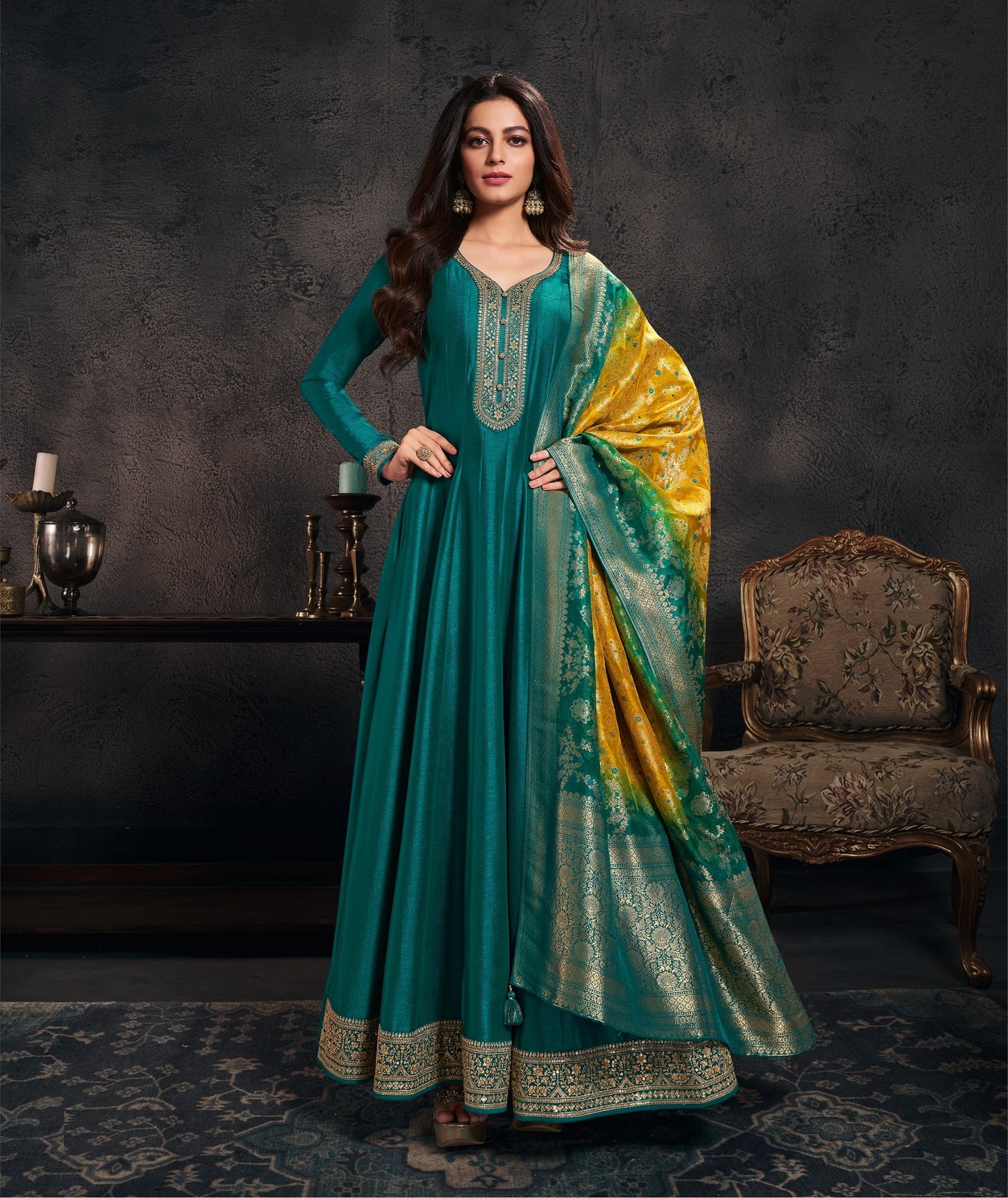 Teal Green Anarkali Gown Set with Yellow Banarasi Dupatta | Elegant Festive & Wedding Wear