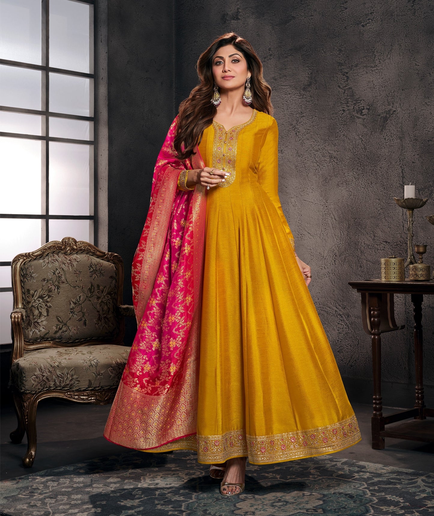 Mustard Yellow Anarkali Gown Set with Pink Banarasi Dupatta | Festive & Wedding Ethnic Wear for Women
