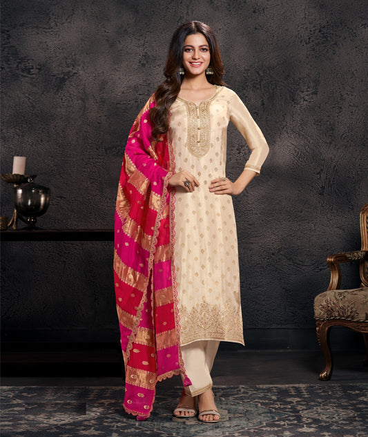 Cream Embroidered Straight Suit with Rani Pink Banarasi Dupatta | Festive 3-Piece Set