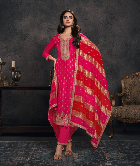 Rani Pink Embroidered Straight Suit with Banarasi Dupatta | Elegant 3-Piece Festive Set
