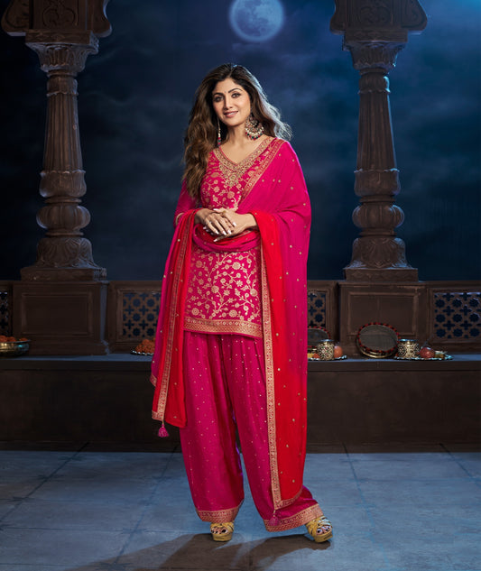 Rani Pink Heavy Embroidered Patiala Suit with Dupatta | Punjabi Festive Wear Set | Elegant 3-Piece Festive Set