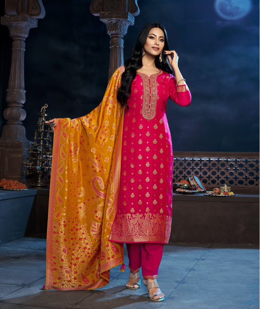 Rani Pink Straight Suit with Mustard Banarasi Dupatta | Festive Silk Embroidered Set | Elegant 3-Piece Festive Set
