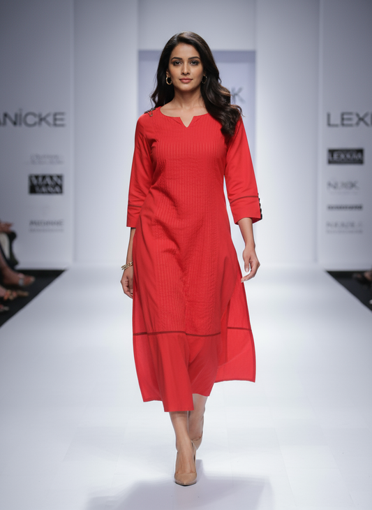 Red Pintuck Long Kurti – Stylish Cotton Ethnic Outfit