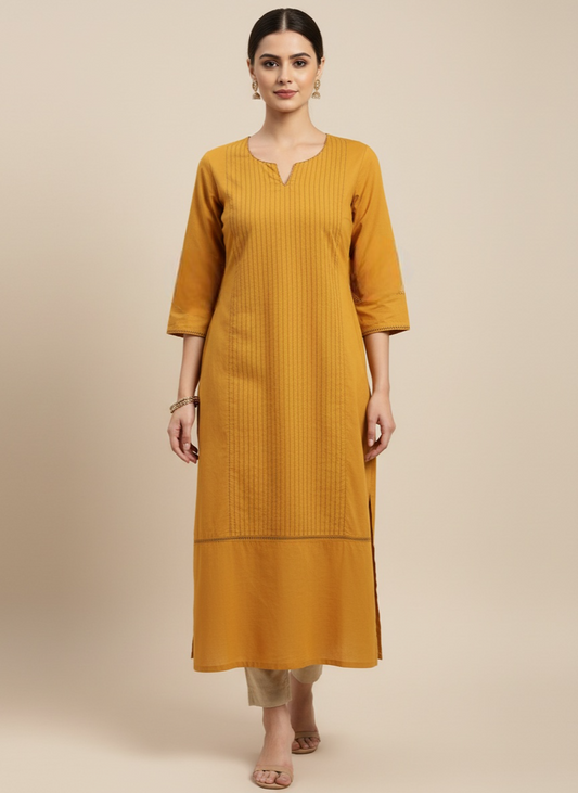 Solid plain cotton kurti with V-neck and 3/4 sleeves