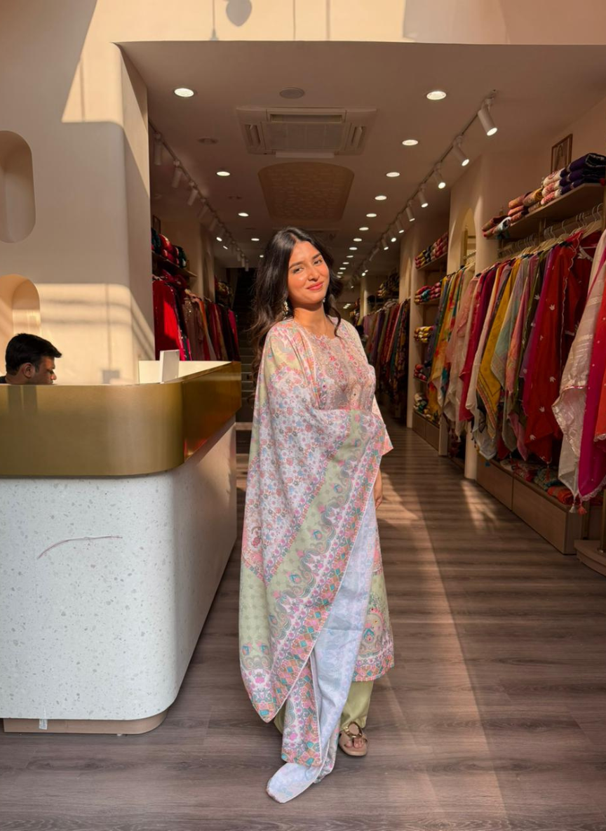 Women’s Pastel Floral Printed Kurta Pant Set with Dupatta | Elegant Ethnic Wear