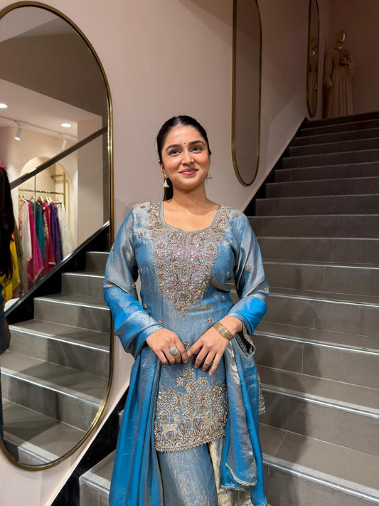 Blue Designer Embroidered Kurta Set with Palazzo & Dupatta for Women – Festive & Wedding Wear
