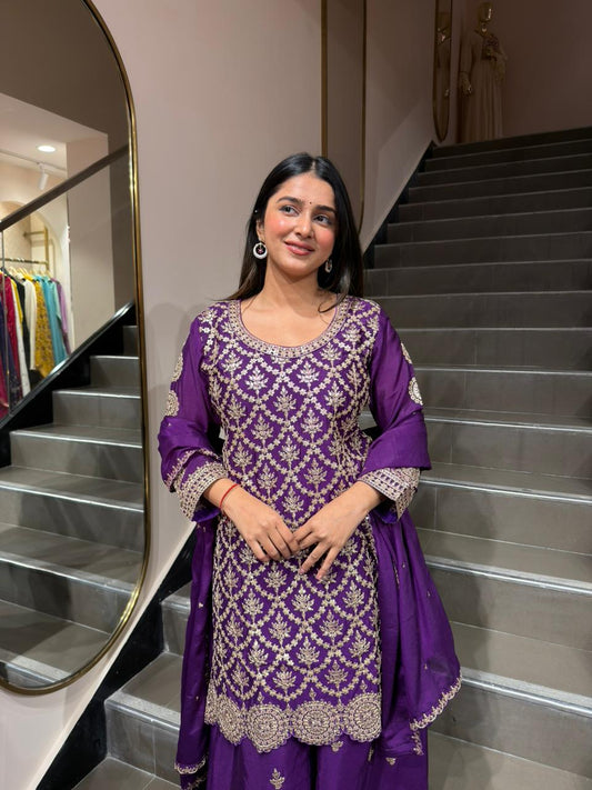 Purple Heavy Embroidered Kurta Set with Sharara & Dupatta for Women – Wedding & Festive Wear