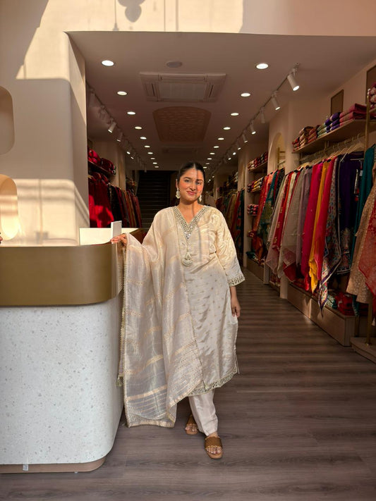Cream Embroidered Kaftan Kurta Set with Dupatta for Women – Elegant Festive Wear