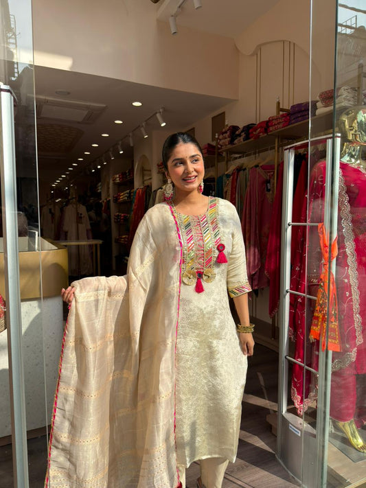 Cream Embroidered Straight Kurta Set with Dupatta for Women – Festive Ethnic Wear