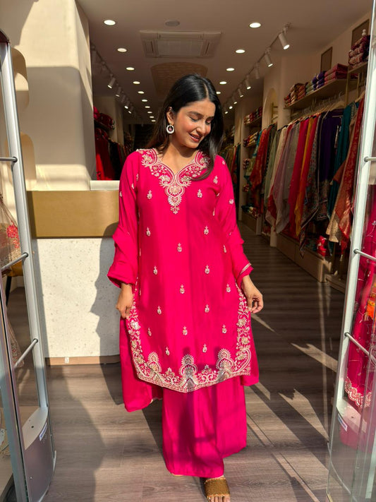 Rani Pink Embroidered Kurta Set with Palazzo for Women – Festive & Party Wear