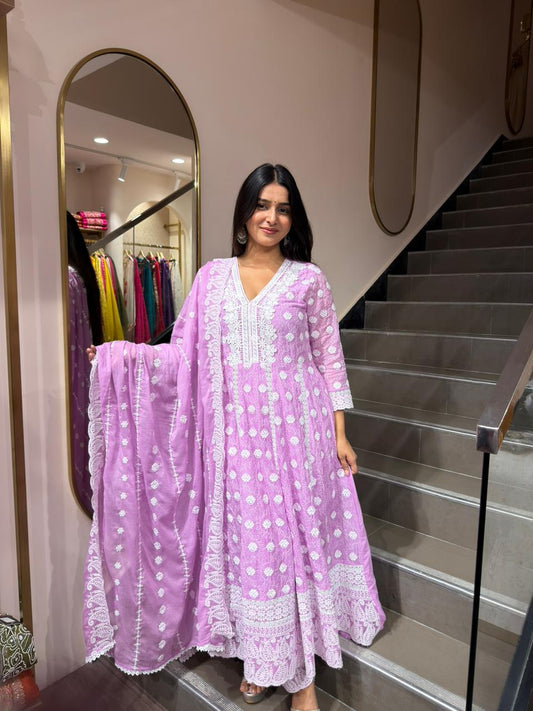 Lavender Embroidered Anarkali Kurta Set with Dupatta for Women – Elegant Festive Wear